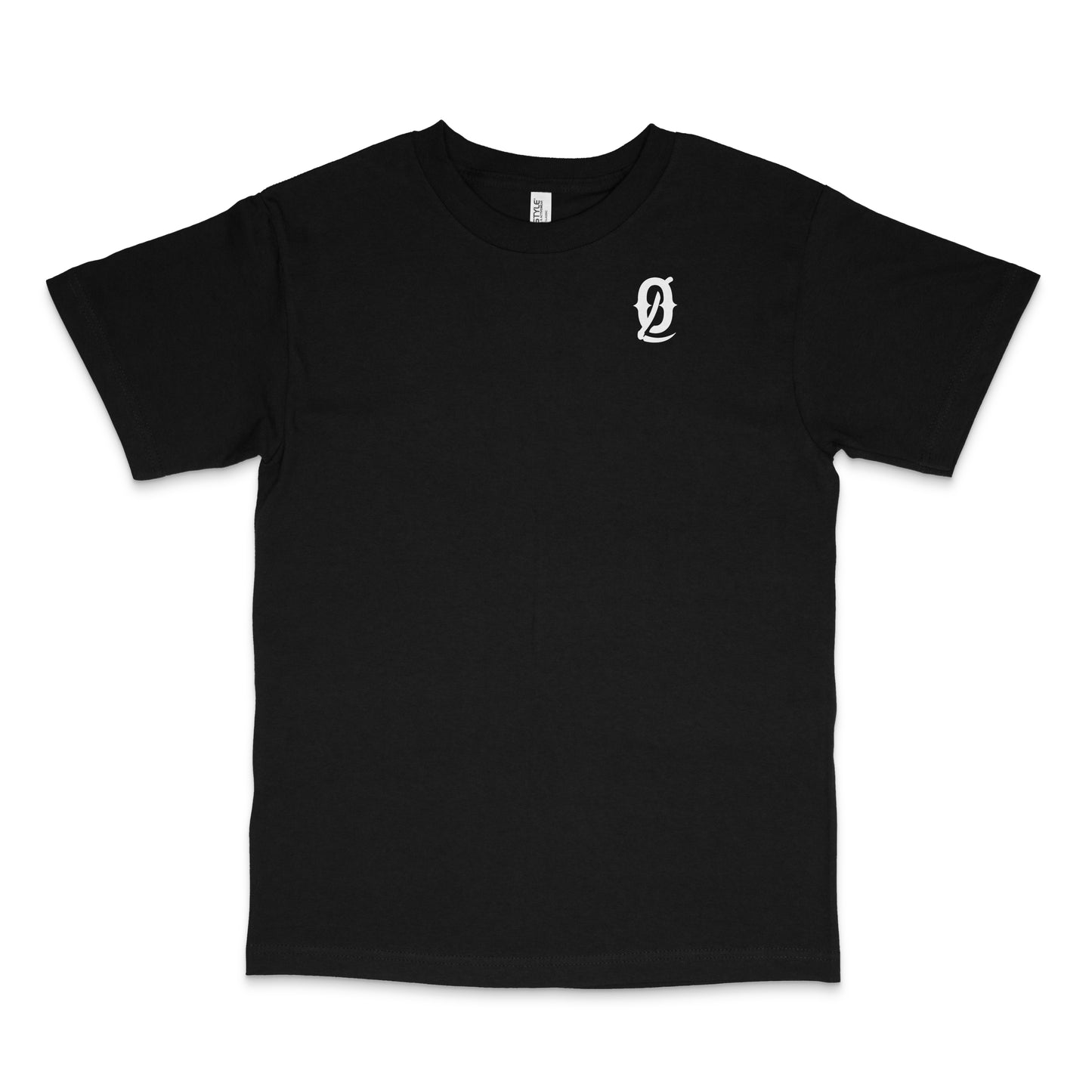 Black t-shirt with a white Death Omen logo on a white background over left chest