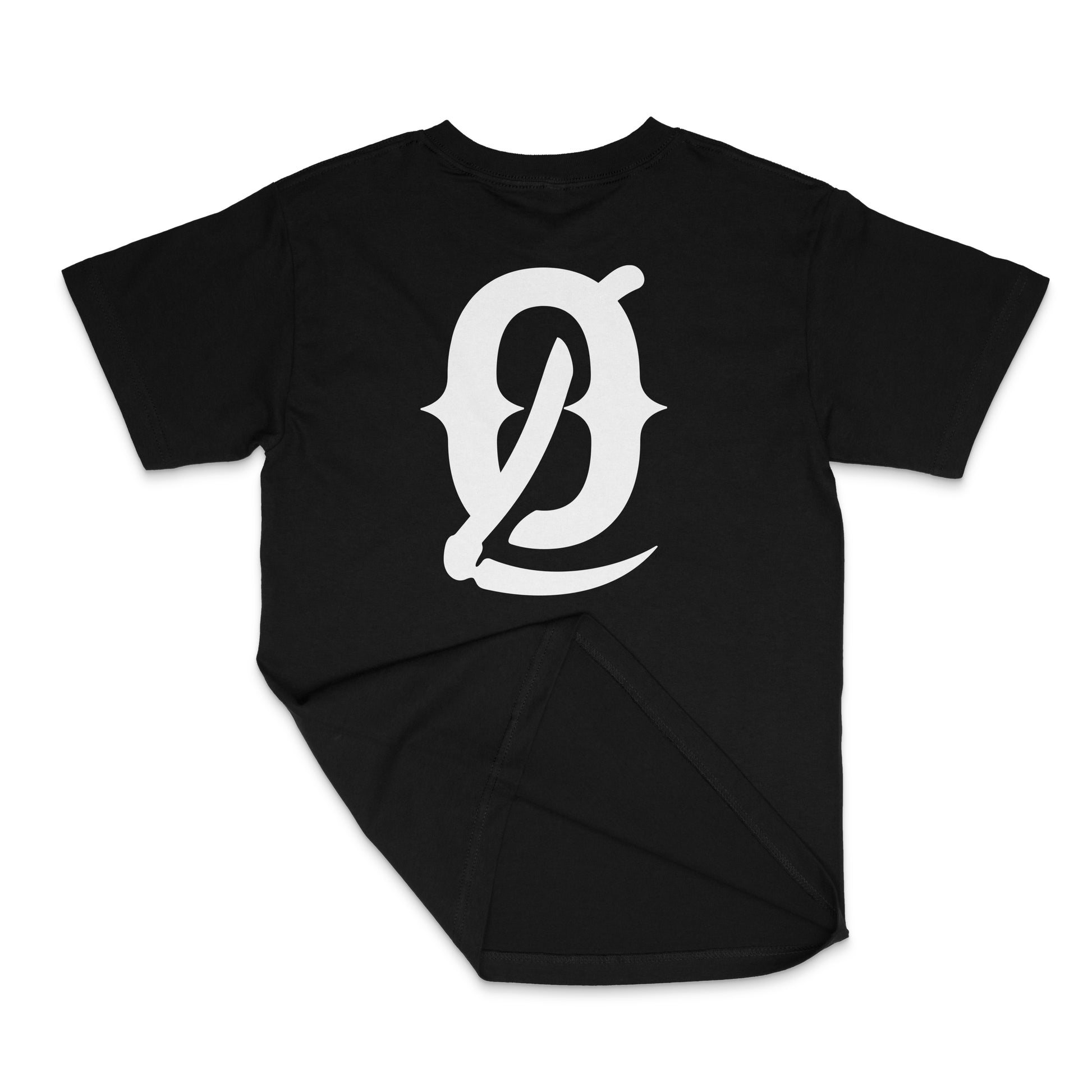 Black t-shirt with a white Death Omen  logo on a white background